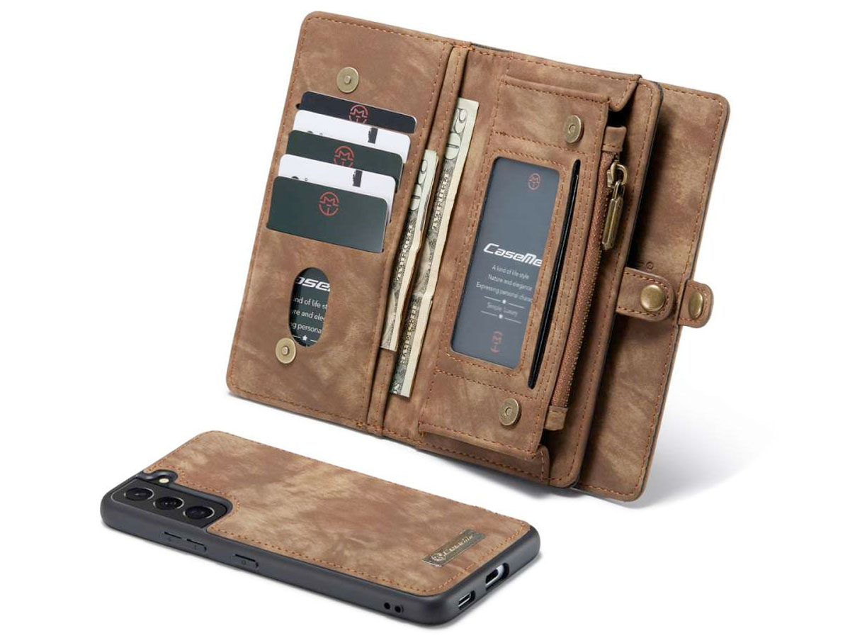 CaseMe 2in1 Wallet Ritsvak Case Bruin - Samsung Galaxy S22 Hoesje