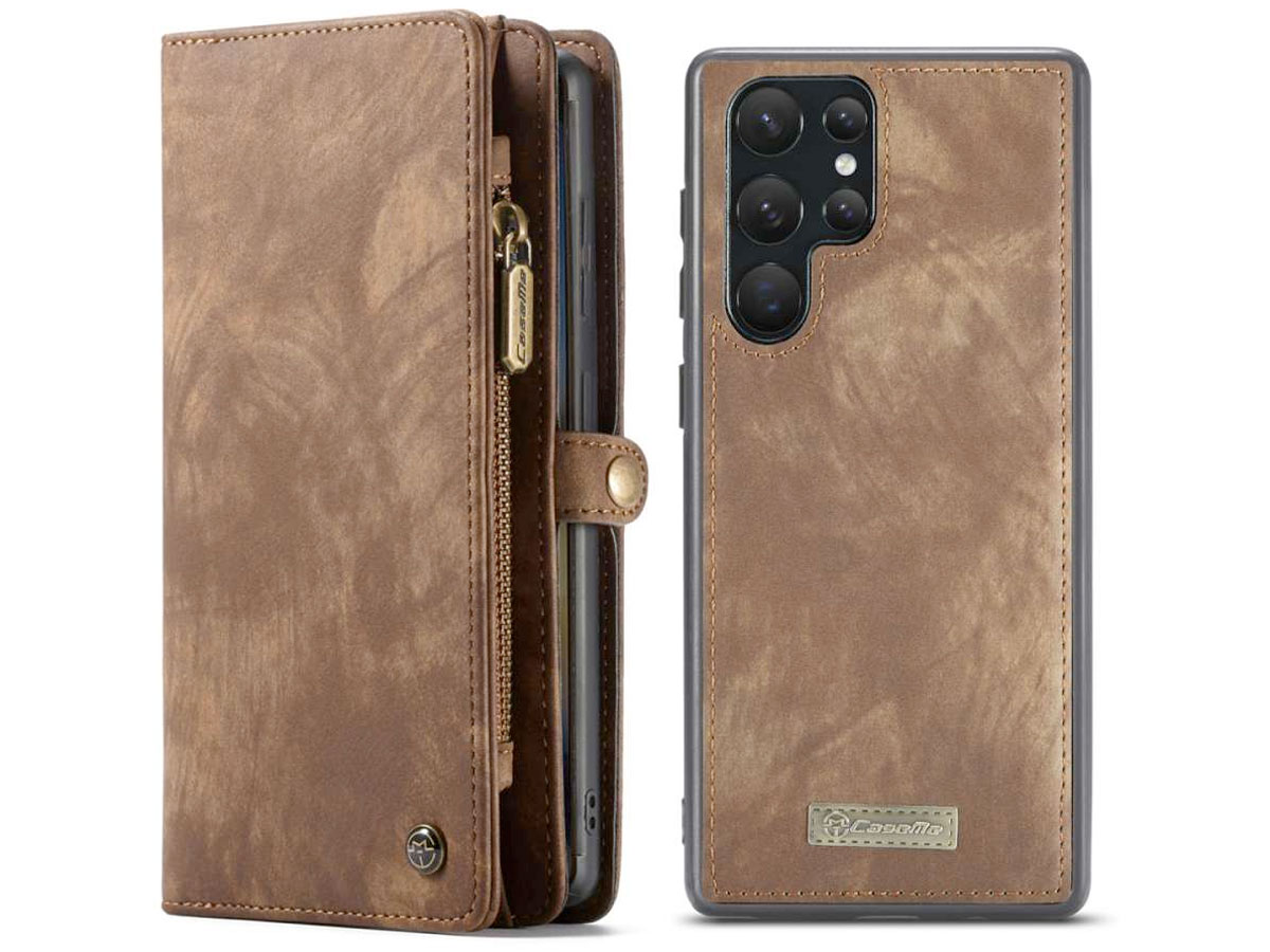 CaseMe 2in1 Wallet Ritsvak Case Bruin - Samsung Galaxy S22 Ultra Hoesje