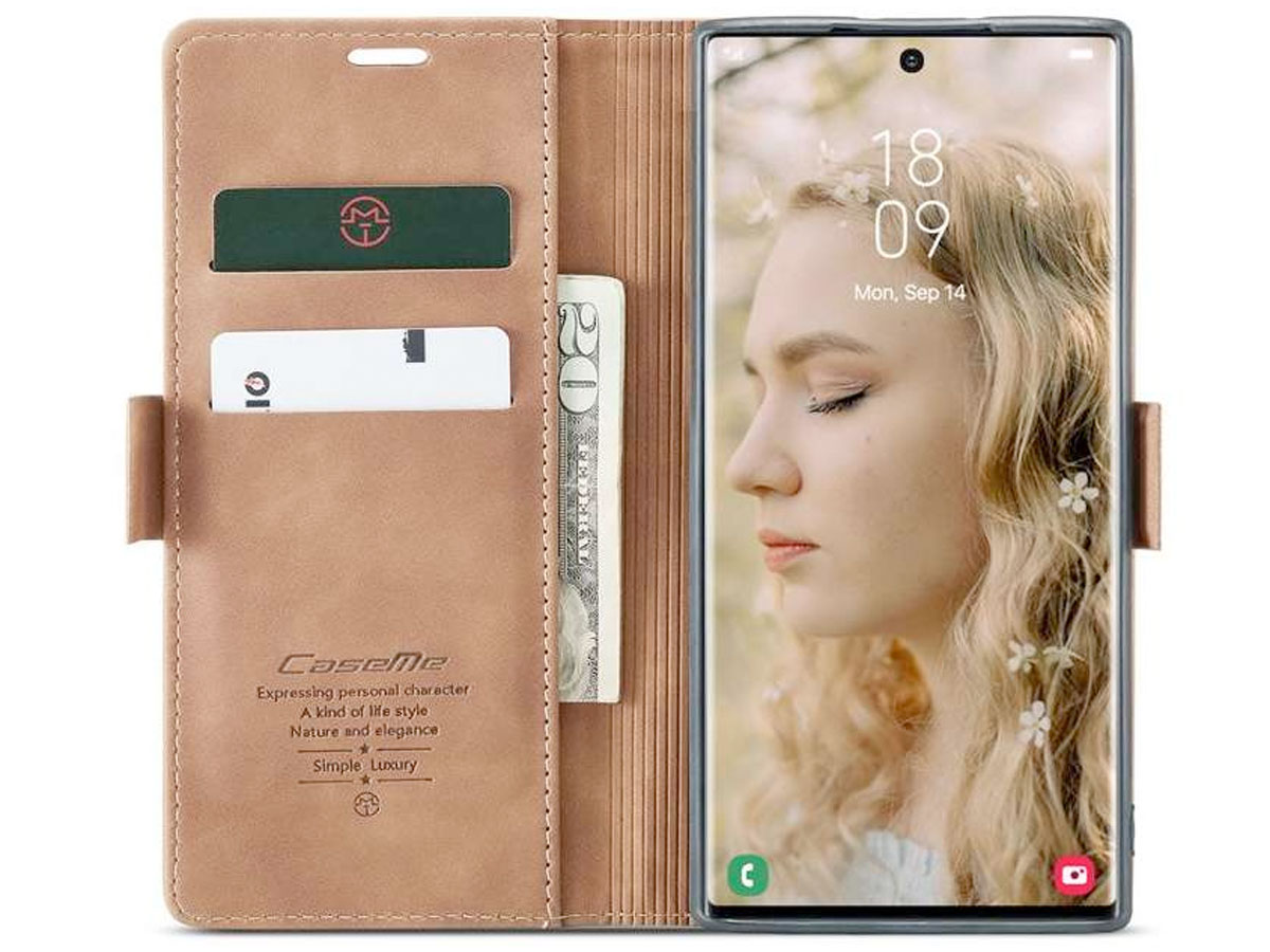 CaseMe Vintage BookCase Tan - Samsung Galaxy S22 Ultra hoesje