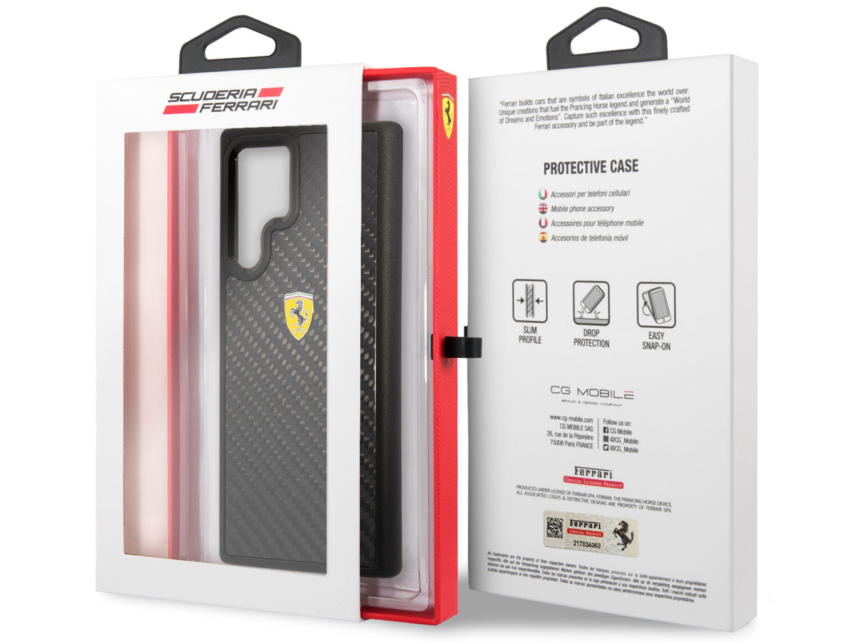 Ferrari Carbon Fiber Case Zwart - Samsung Galaxy S22 Ultra Hoesje