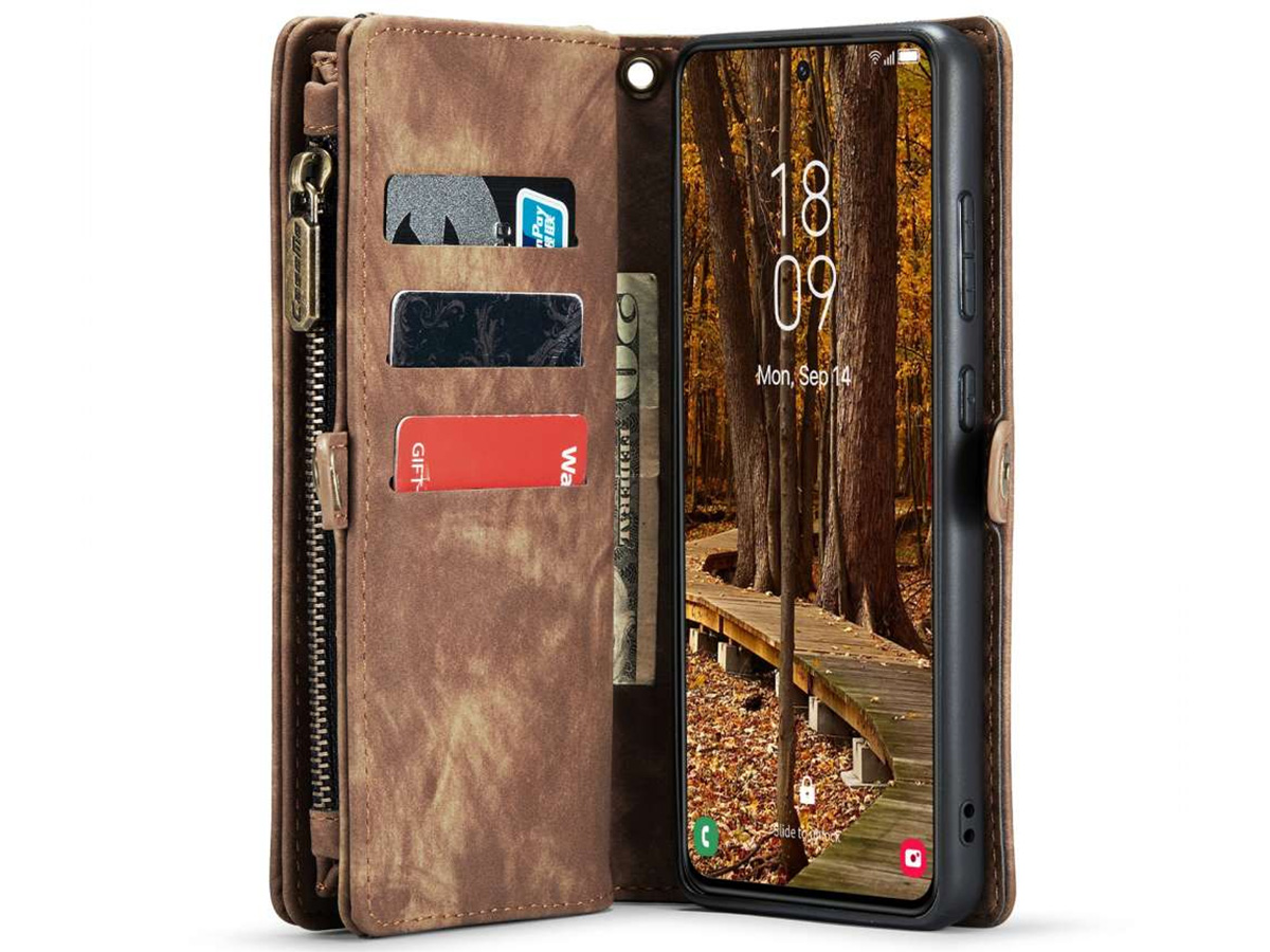 CaseMe 2in1 Wallet Ritsvak Case Bruin - Samsung Galaxy S23 Hoesje