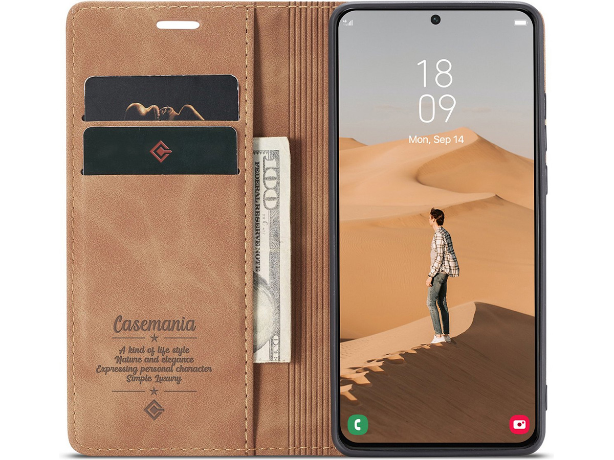 CaseMania Vintage Slim Bookcase Bruin - Samsung Galaxy S23 hoesje