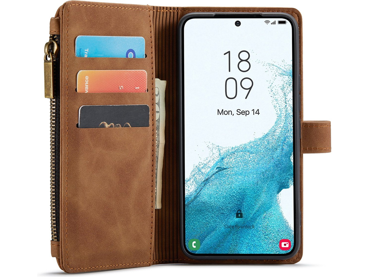 CaseMe Ritsvak Wallet Case Bruin - Samsung Galaxy S23+ Hoesje