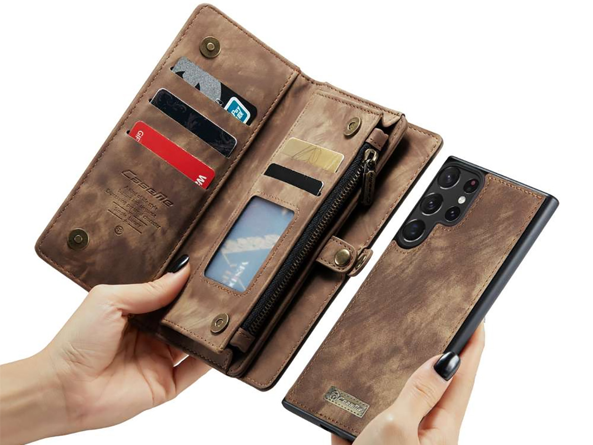 CaseMe 2in1 Wallet Ritsvak Case Bruin - Samsung Galaxy S23 Ultra Hoesje