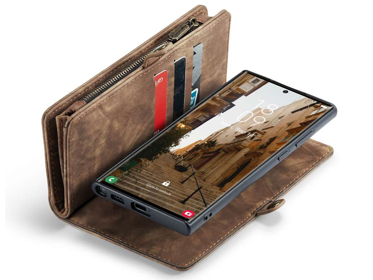 CaseMe 2in1 Wallet Ritsvak Case Bruin - Samsung Galaxy S23 Ultra Hoesje