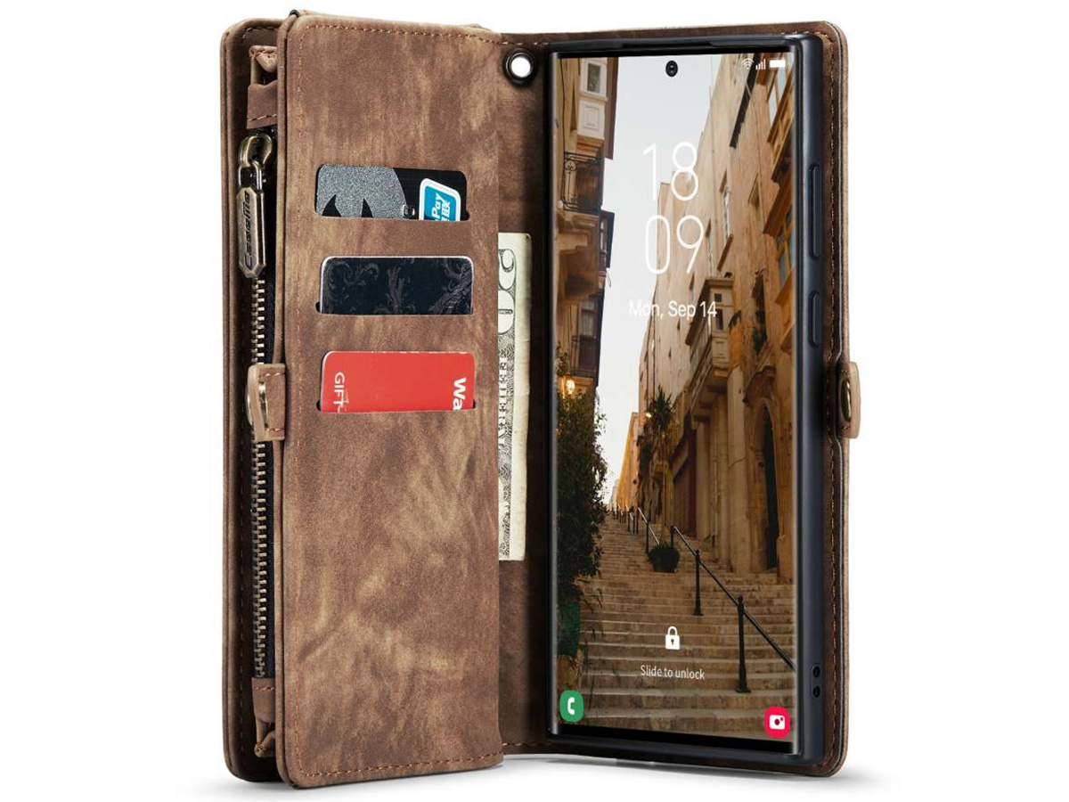 CaseMe 2in1 Wallet Ritsvak Case Bruin - Samsung Galaxy S23 Ultra Hoesje