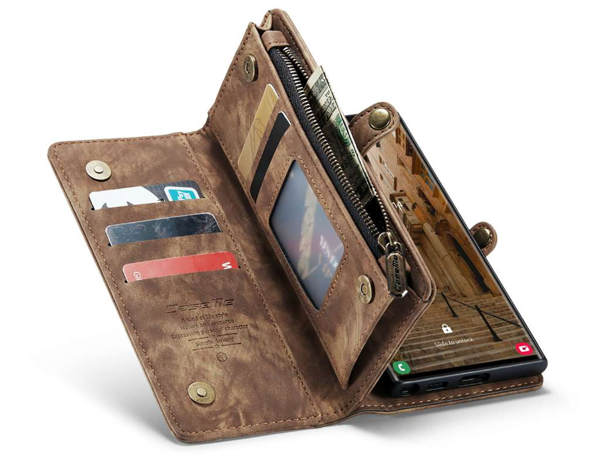 CaseMe 2in1 Wallet Ritsvak Case Bruin - Samsung Galaxy S23 Ultra Hoesje