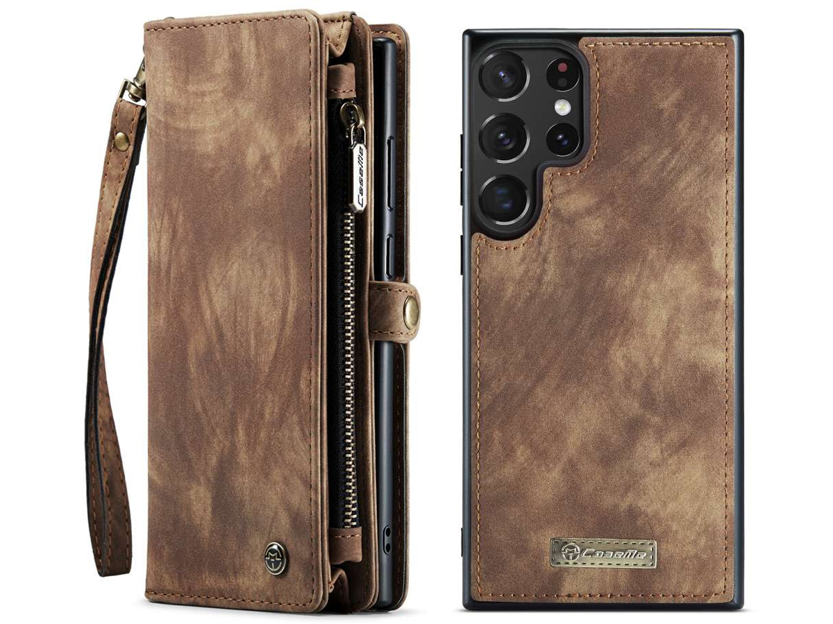 CaseMe 2in1 Wallet Ritsvak Case Bruin - Samsung Galaxy S23 Ultra Hoesje