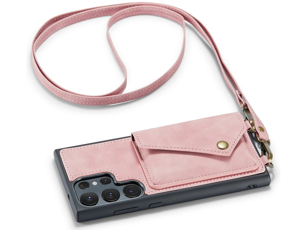 CaseMania Crossbody Wallet Case Roze - Galaxy S23 Ultra hoesje met koord