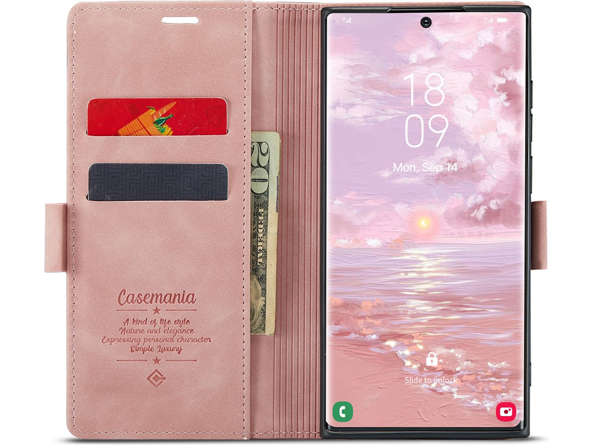 CaseMania Vintage Slim Bookcase Roze - Samsung Galaxy S23 Ultra hoesje