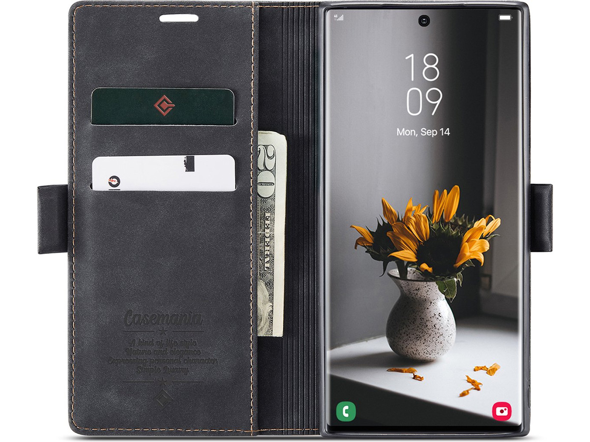 CaseMania Vintage Slim Bookcase Zwart - Samsung Galaxy S23 Ultra hoesje