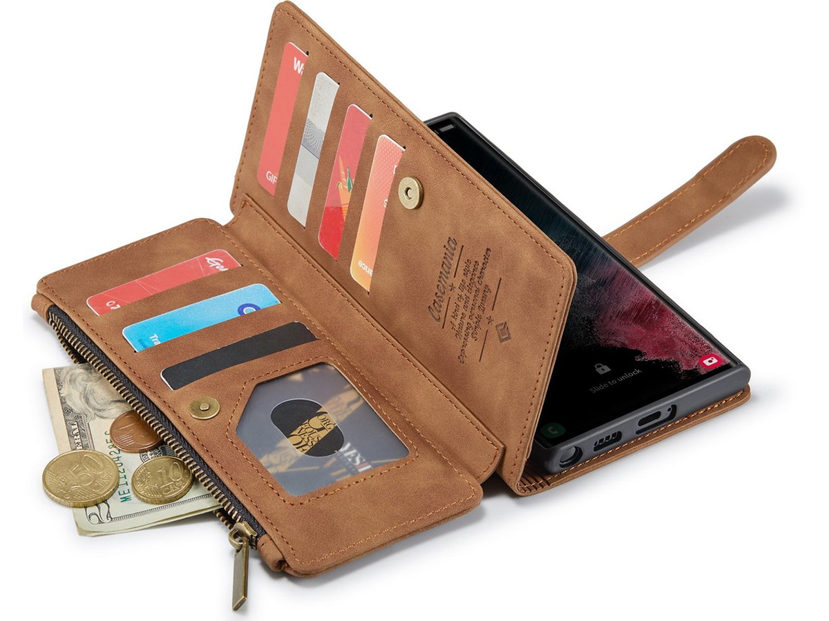CaseMe Ritsvak Wallet Case Bruin - Samsung Galaxy S23 Ultra Hoesje
