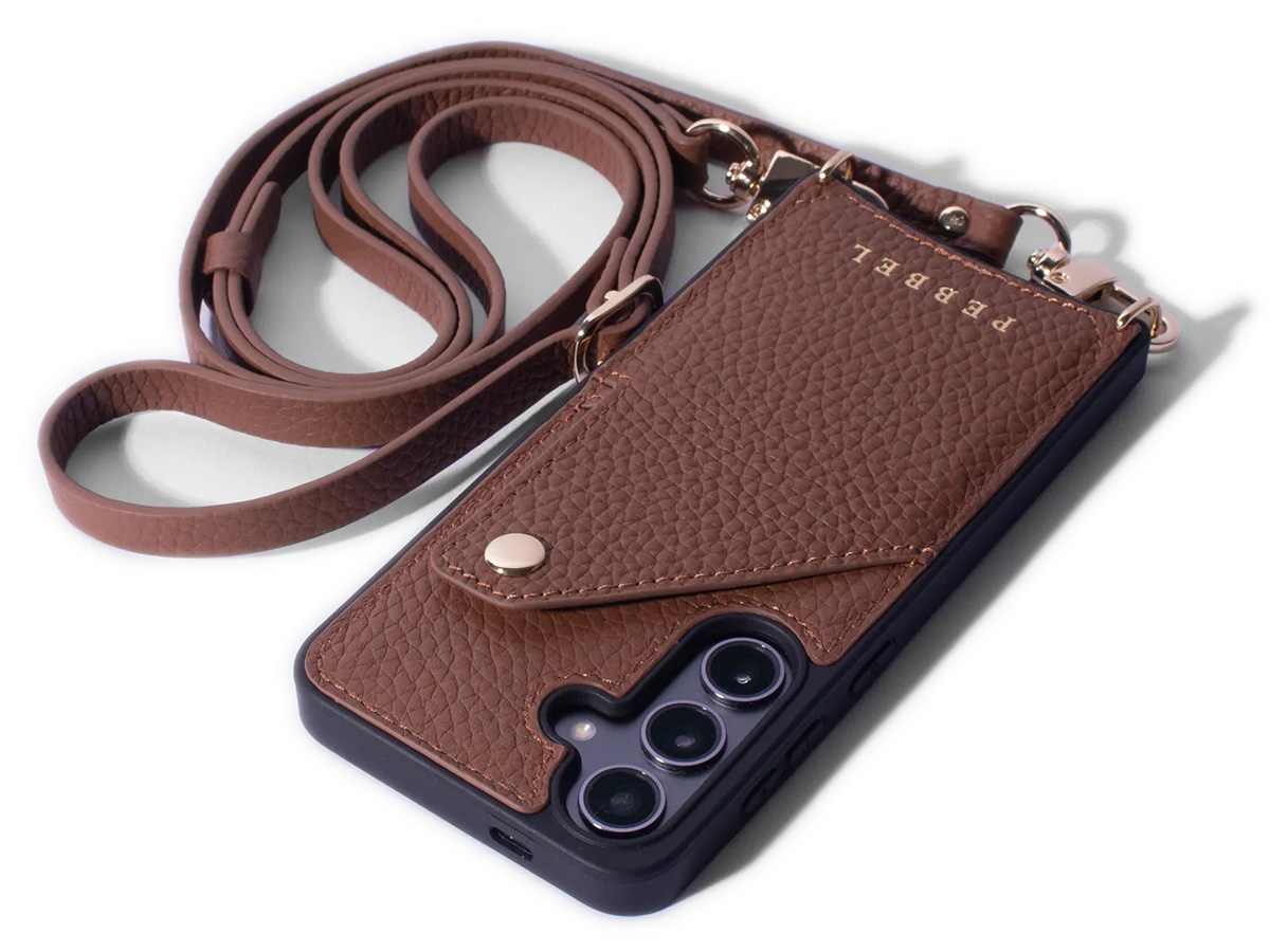 Pebbel Crossbody Case met Leren Koord - Samsung Galaxy S24 Hoesje Leer Cognac