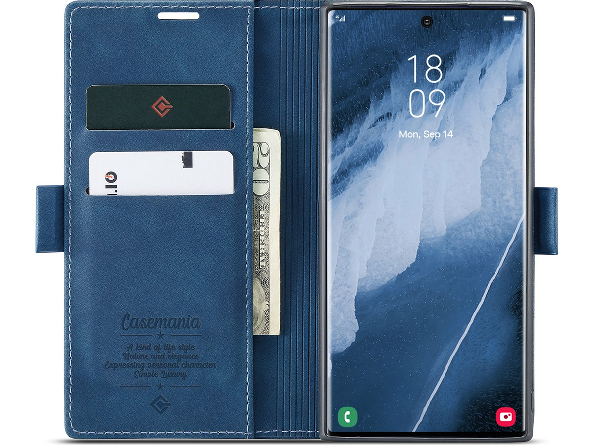 CaseMania Vintage Slim Bookcase Blauw - Samsung Galaxy S24 Ultra hoesje