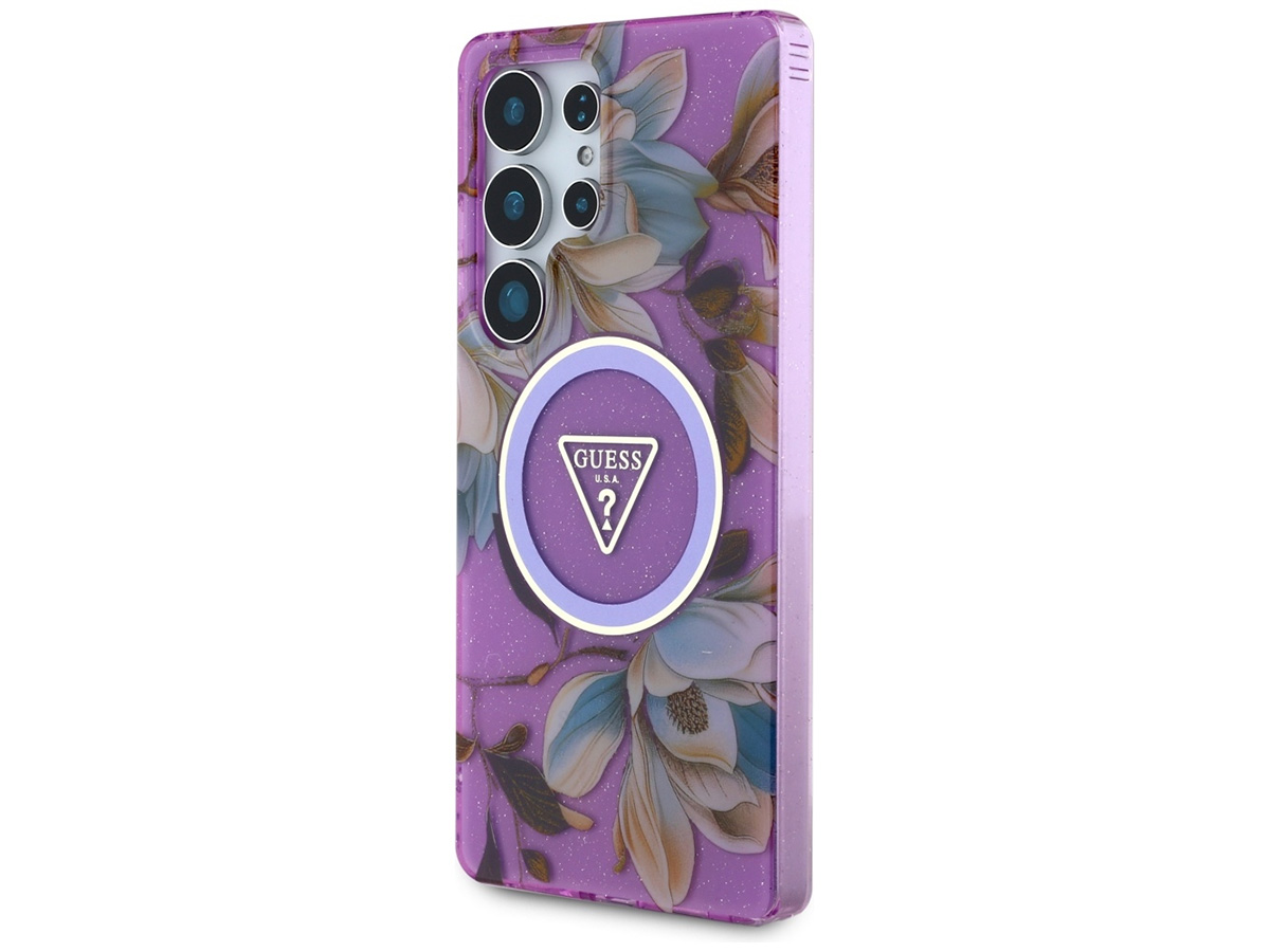 Guess Flowers MagSafe Case Paars - Samsung Galaxy S25 Ultra hoesje