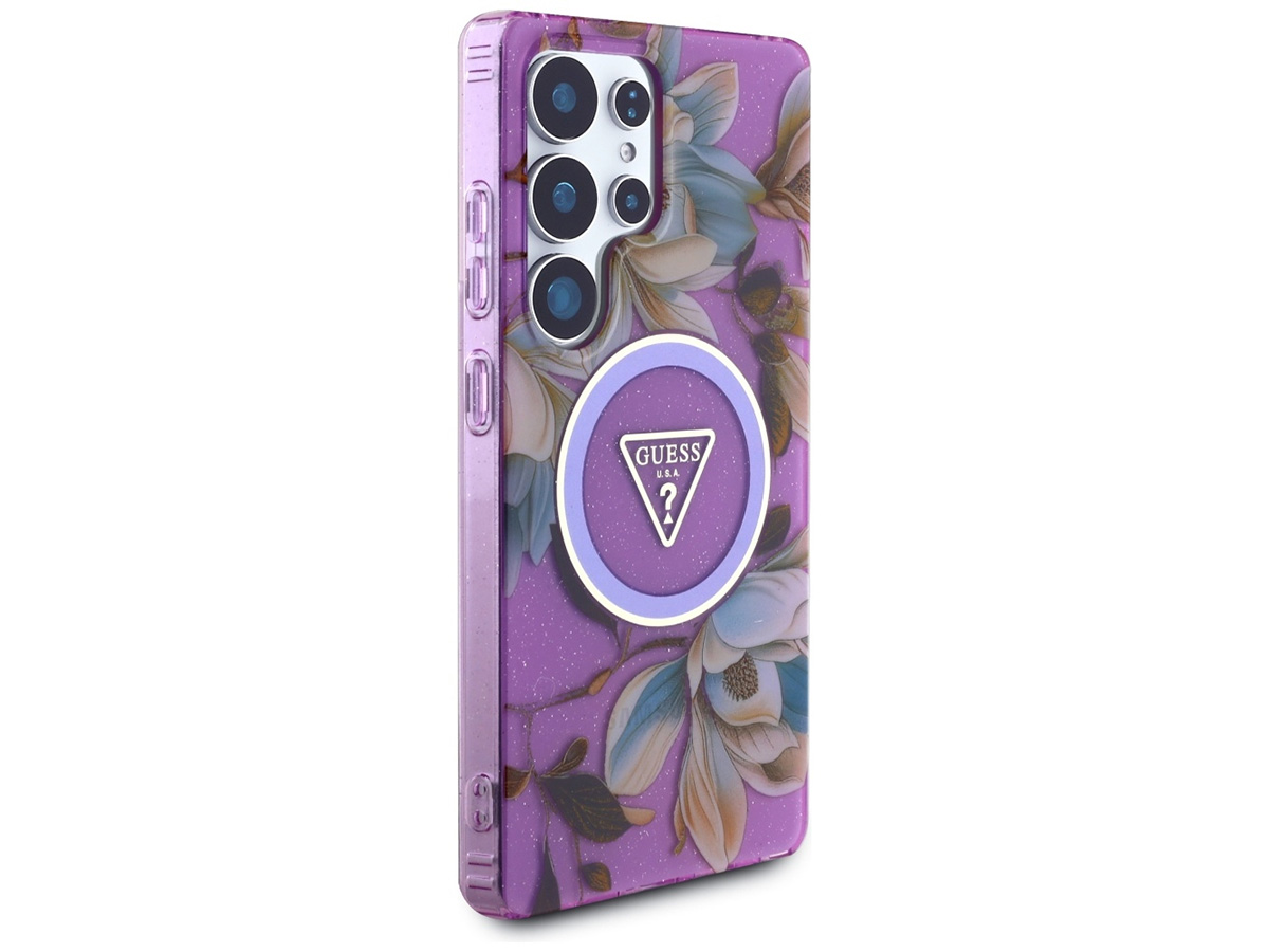 Guess Flowers MagSafe Case Paars - Samsung Galaxy S25 Ultra hoesje