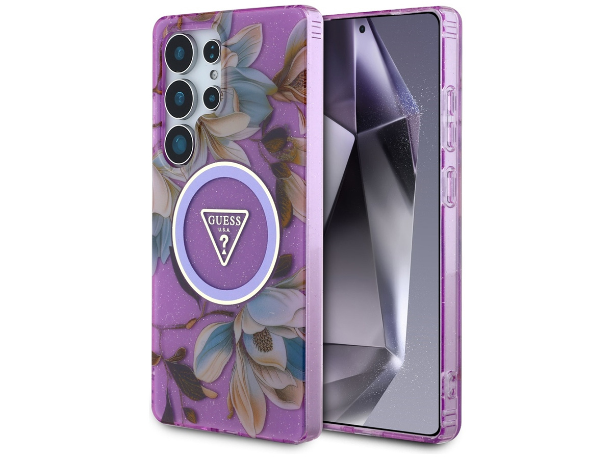 Guess Flowers MagSafe Case Paars - Samsung Galaxy S25 Ultra hoesje