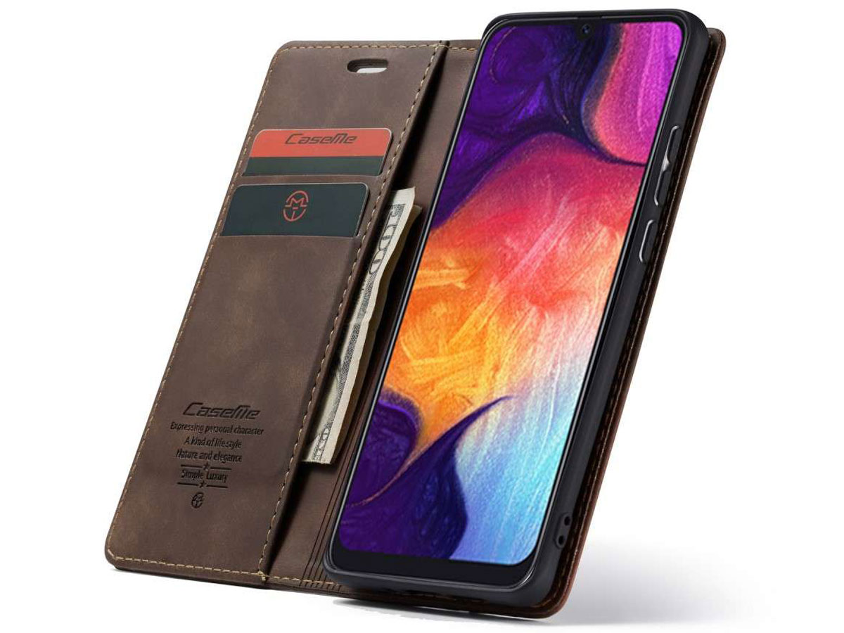 CaseMe Vintage BookCase Bruin - Samsung Galaxy A30s hoesje