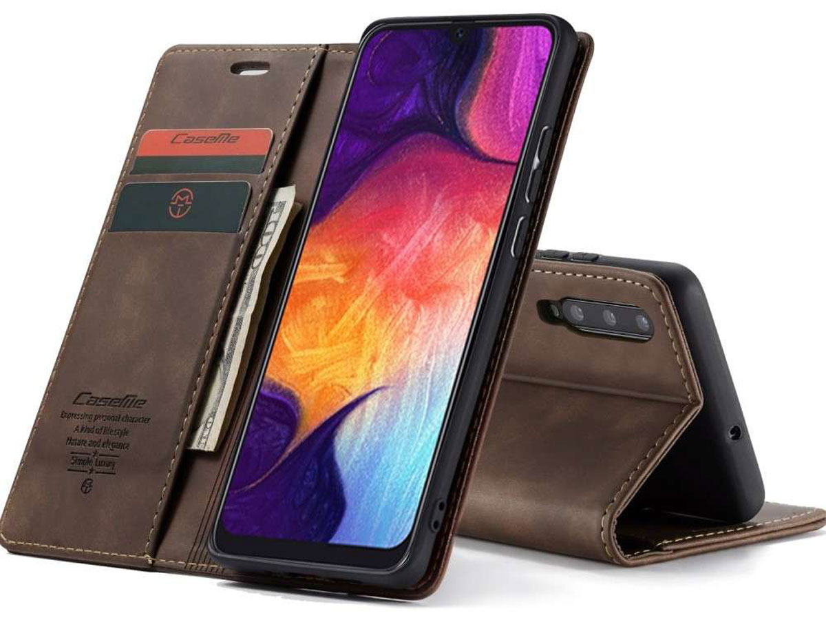 CaseMe Vintage BookCase Bruin - Samsung Galaxy A30s hoesje