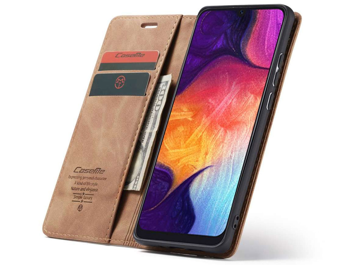 CaseMe Vintage BookCase Tan - Samsung Galaxy A30s hoesje