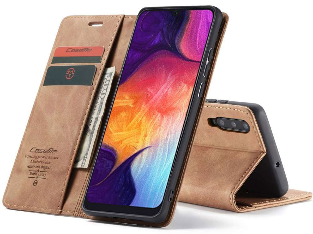 CaseMe Vintage BookCase Tan - Samsung Galaxy A30s hoesje