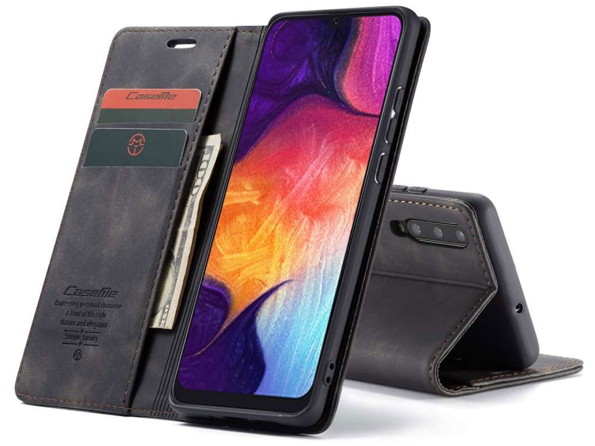 CaseMe Vintage BookCase Zwart - Samsung Galaxy A50 hoesje