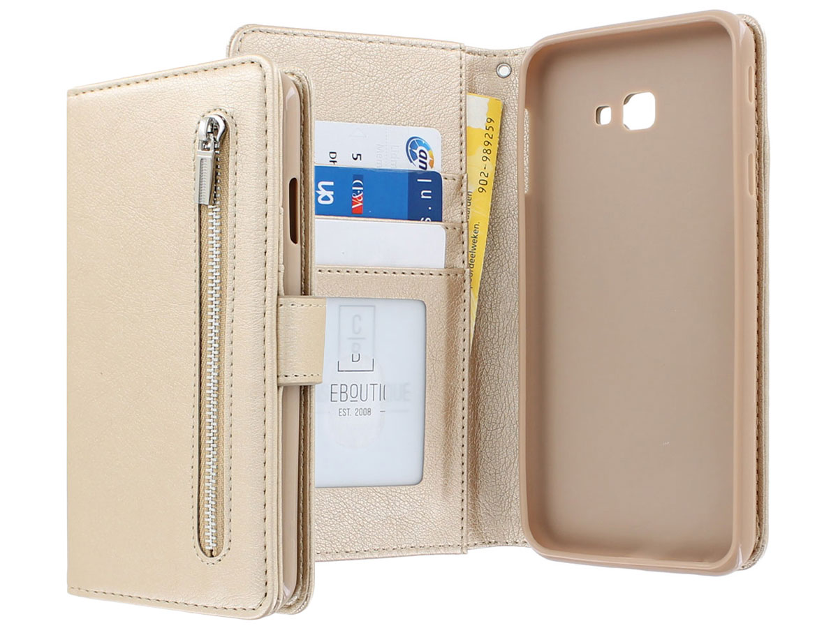 breedtegraad Gewoon doen Specialiteit Zipper Book Case Goud | Samsung Galaxy J4 Plus hoesje