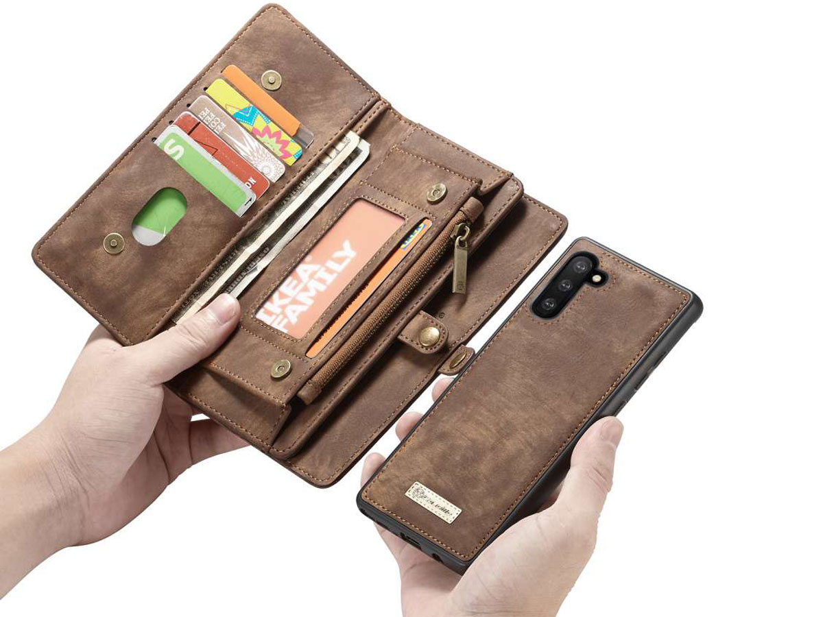 CaseMe 2in1 Wallet Ritsvak Case Bruin - Galaxy Note 10 Hoesje