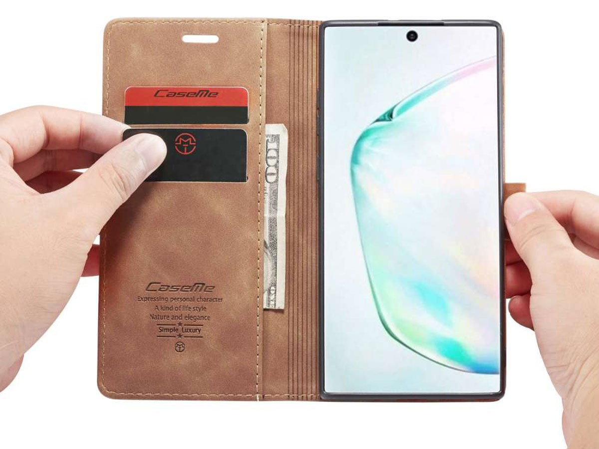 CaseMe Vintage BookCase Tan - Samsung Galaxy Note 10+ hoesje