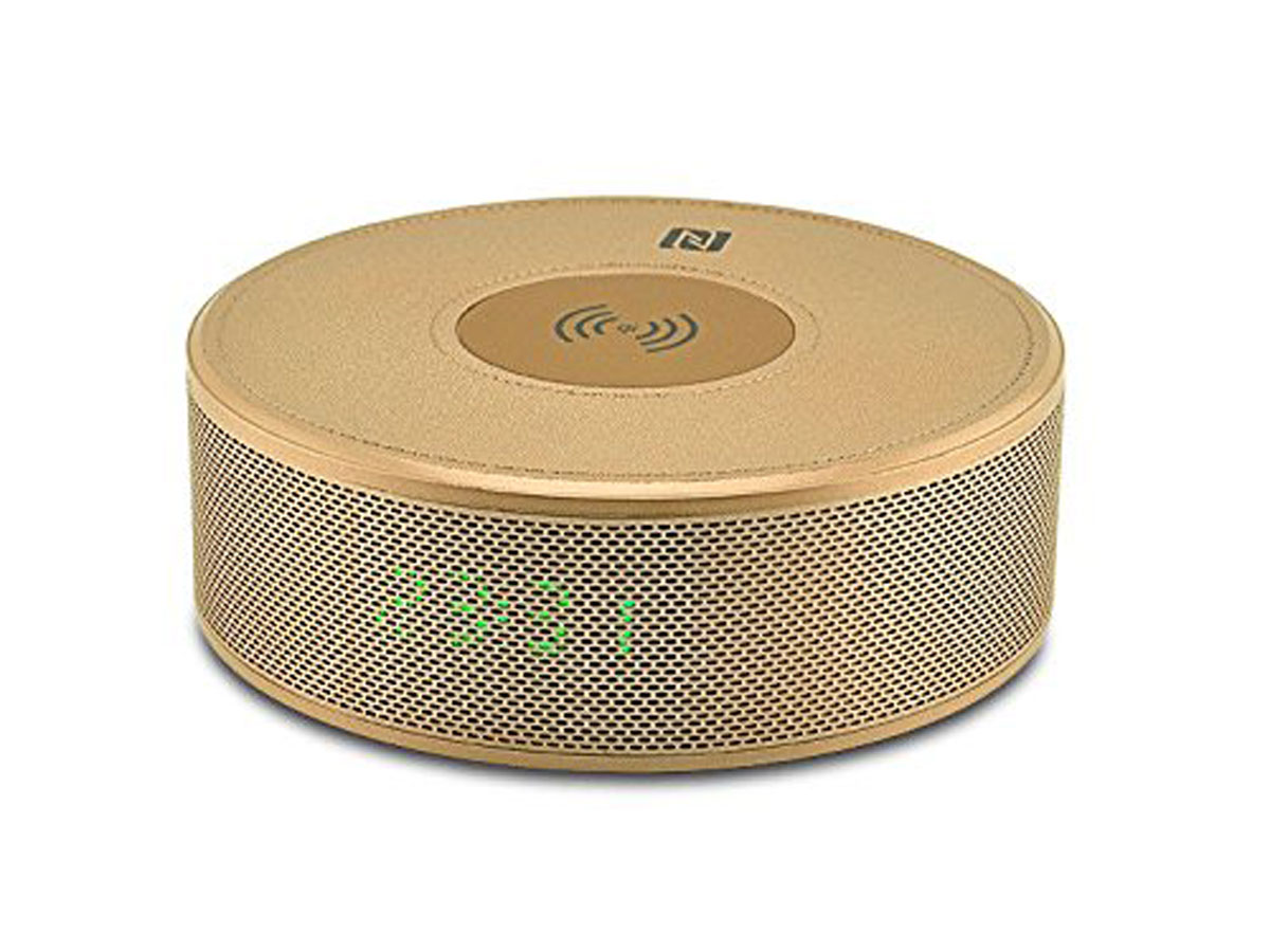 Draadloze Oplader Wekkerradio Bluetooth Speaker Goud