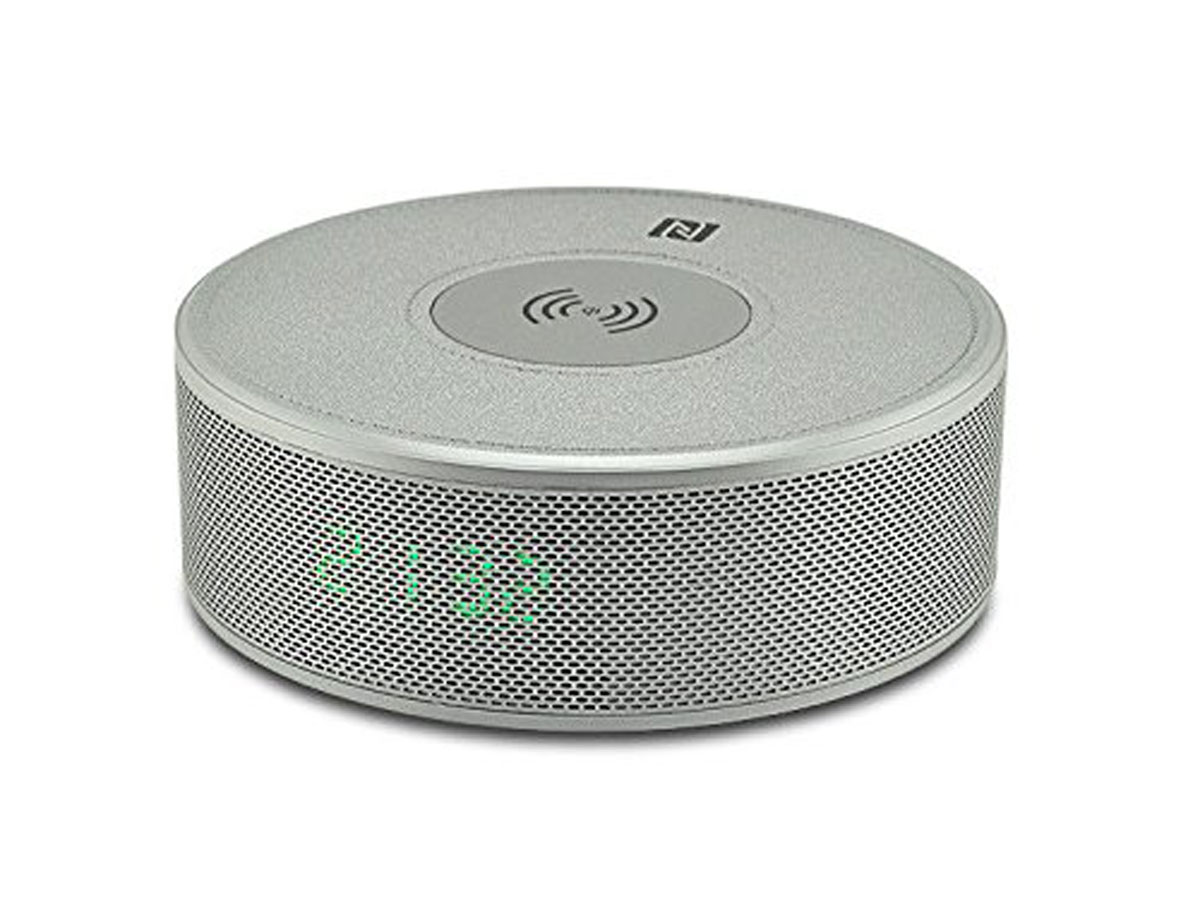 Draadloze Oplader Wekkerradio Bluetooth Speaker Zilver