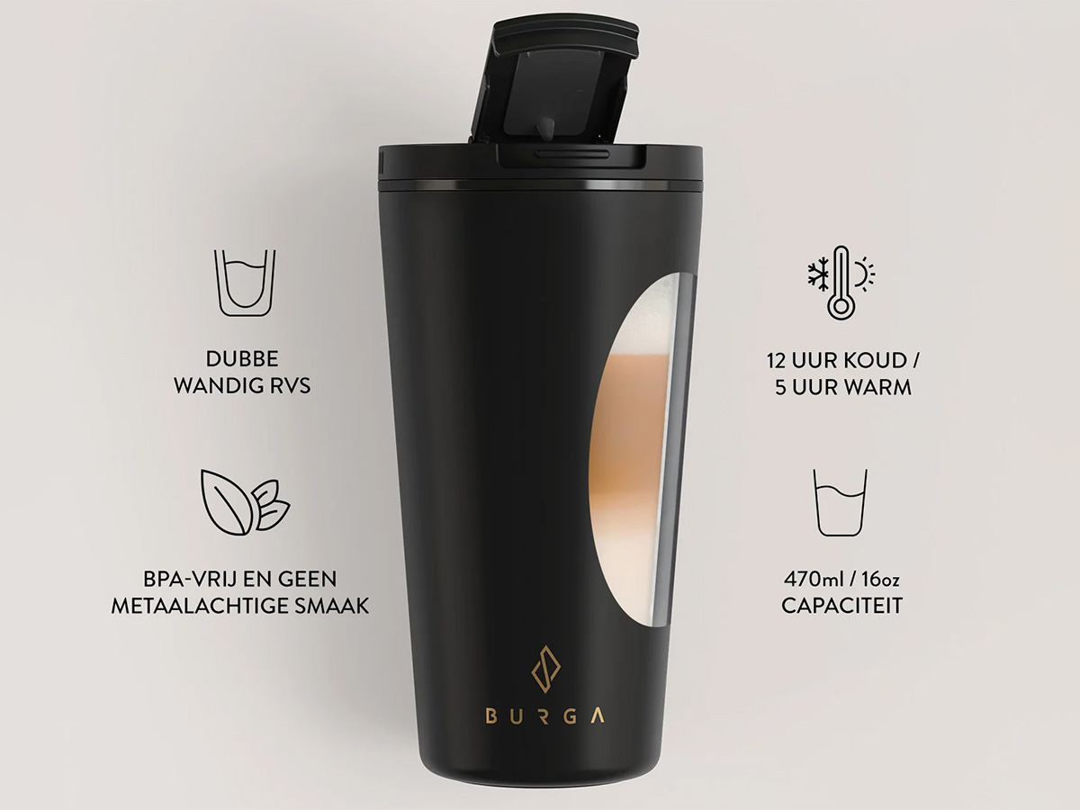 Burga Coffee Mug Black - Herbruikbare Koffiebeker Isolerend