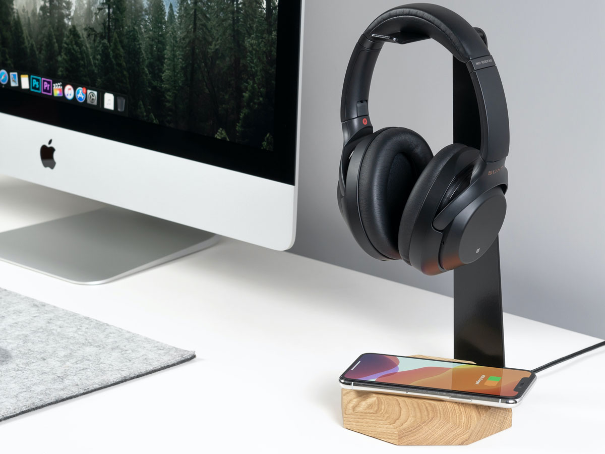 Oakywood 2 in 1 Headphone Stand met Draadloze Oplader Oak