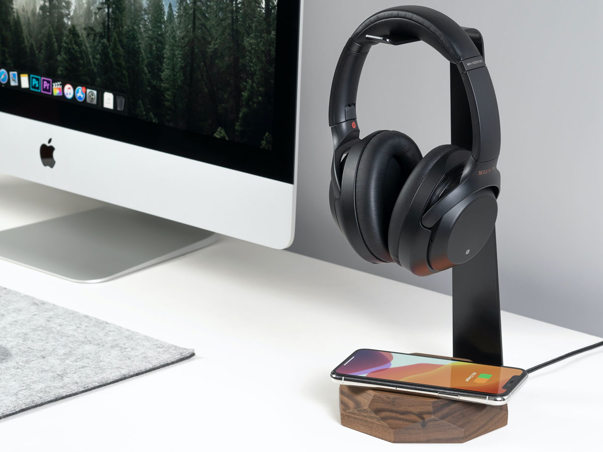 Oakywood 2 in 1 Headphone Stand met Draadloze Oplader Walnut