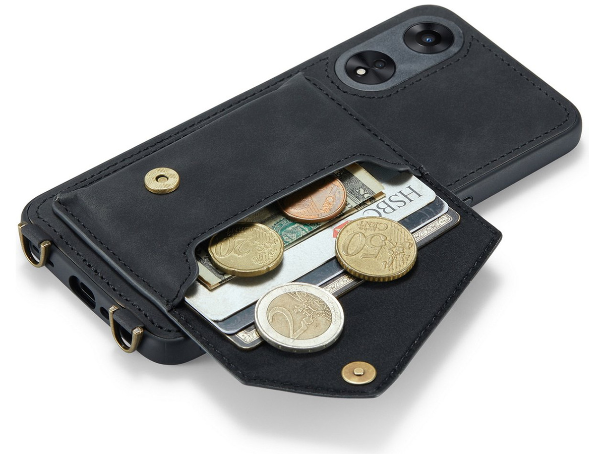 CaseMania Crossbody Wallet Case Zwart - Oppo A58 hoesje met koord