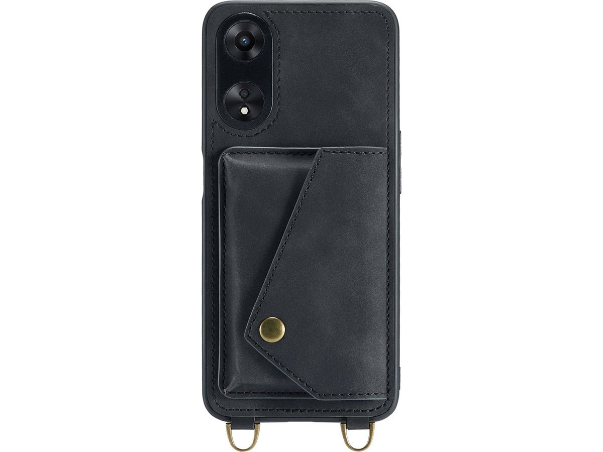 CaseMania Crossbody Wallet Case Zwart - Oppo A58 hoesje met koord