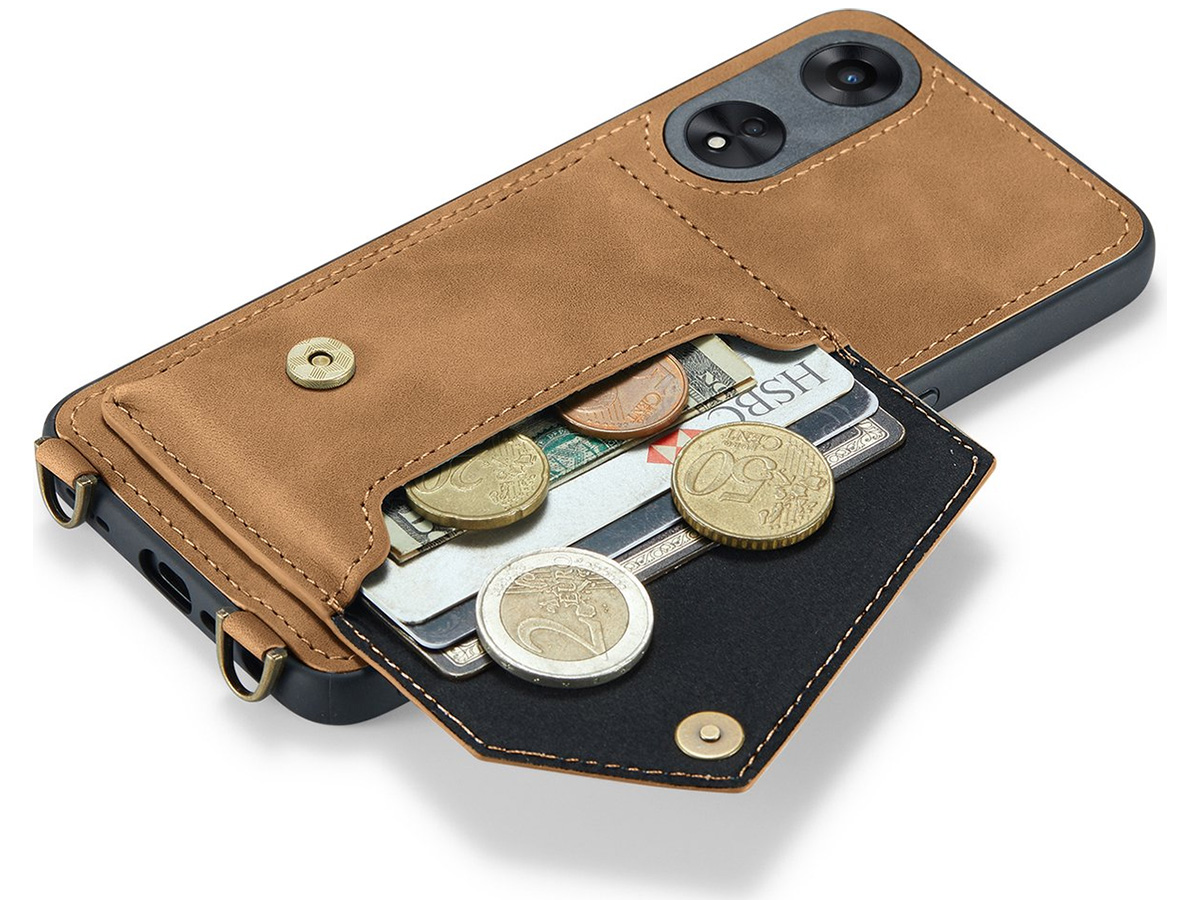 CaseMania Crossbody Wallet Case Bruin - Oppo A98 5G hoesje met koord
