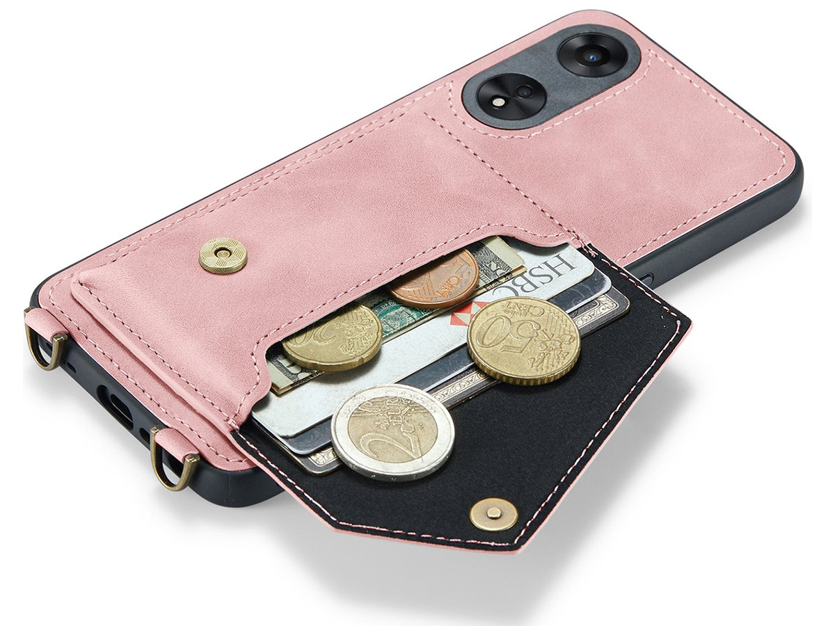 CaseMania Crossbody Wallet Case Roze - Oppo A98 5G hoesje met koord