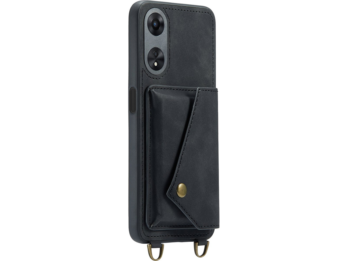 CaseMania Crossbody Wallet Case Zwart - Oppo A98 5G hoesje met koord