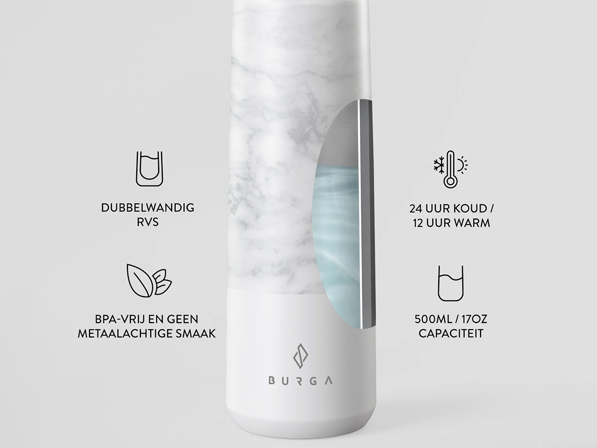 Burga Water Bottle White Marble - Waterfles Thermosfles 500ml 