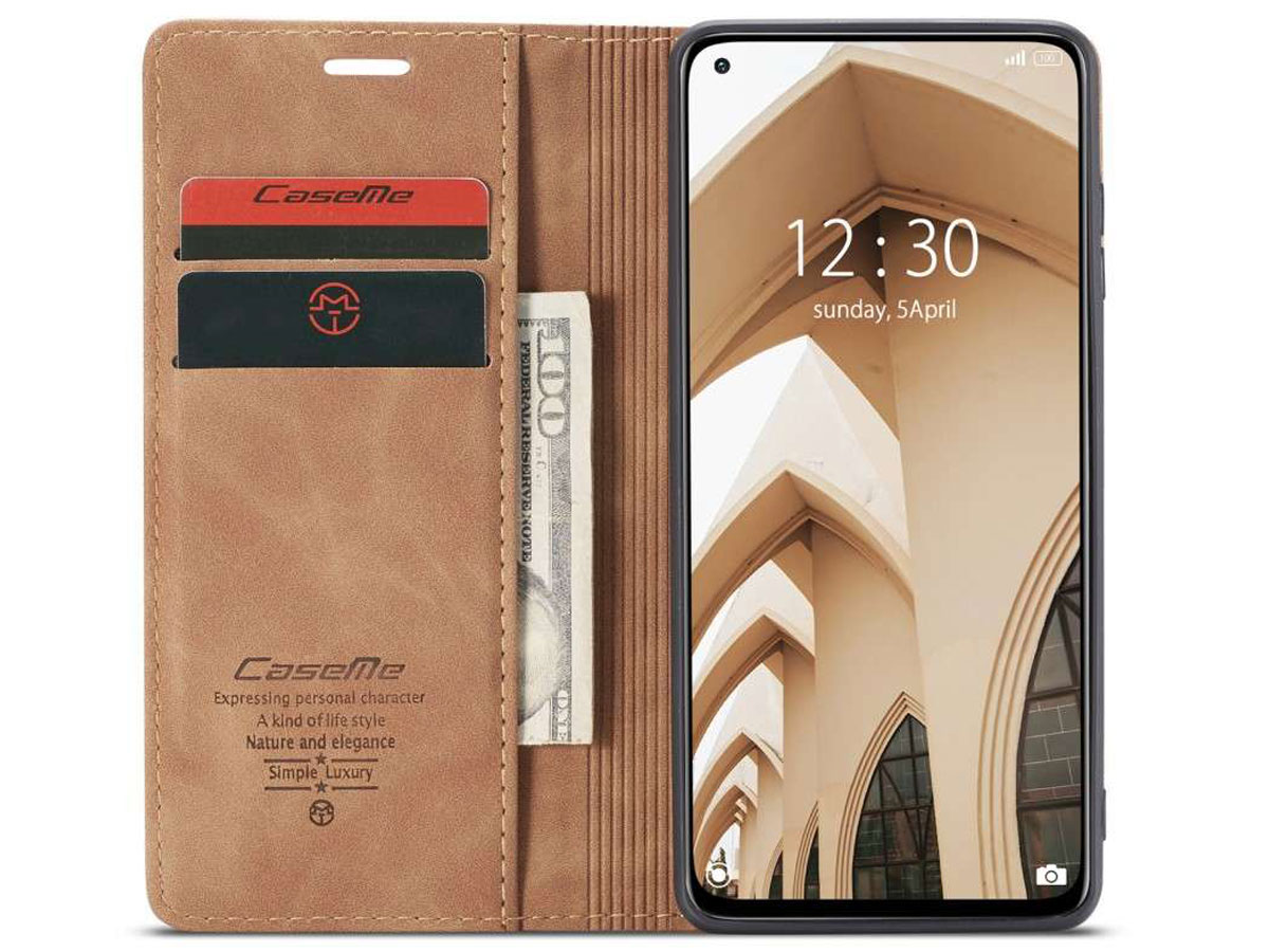 CaseMe Vintage BookCase Tan Bruin - Xiaomi Mi 10T Lite hoesje