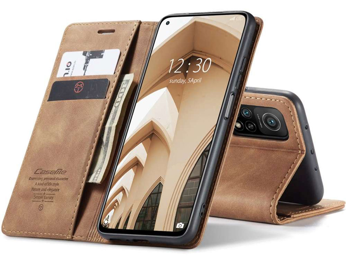 CaseMe Vintage BookCase Tan - Xiaomi Mi 10T (Pro) hoesje