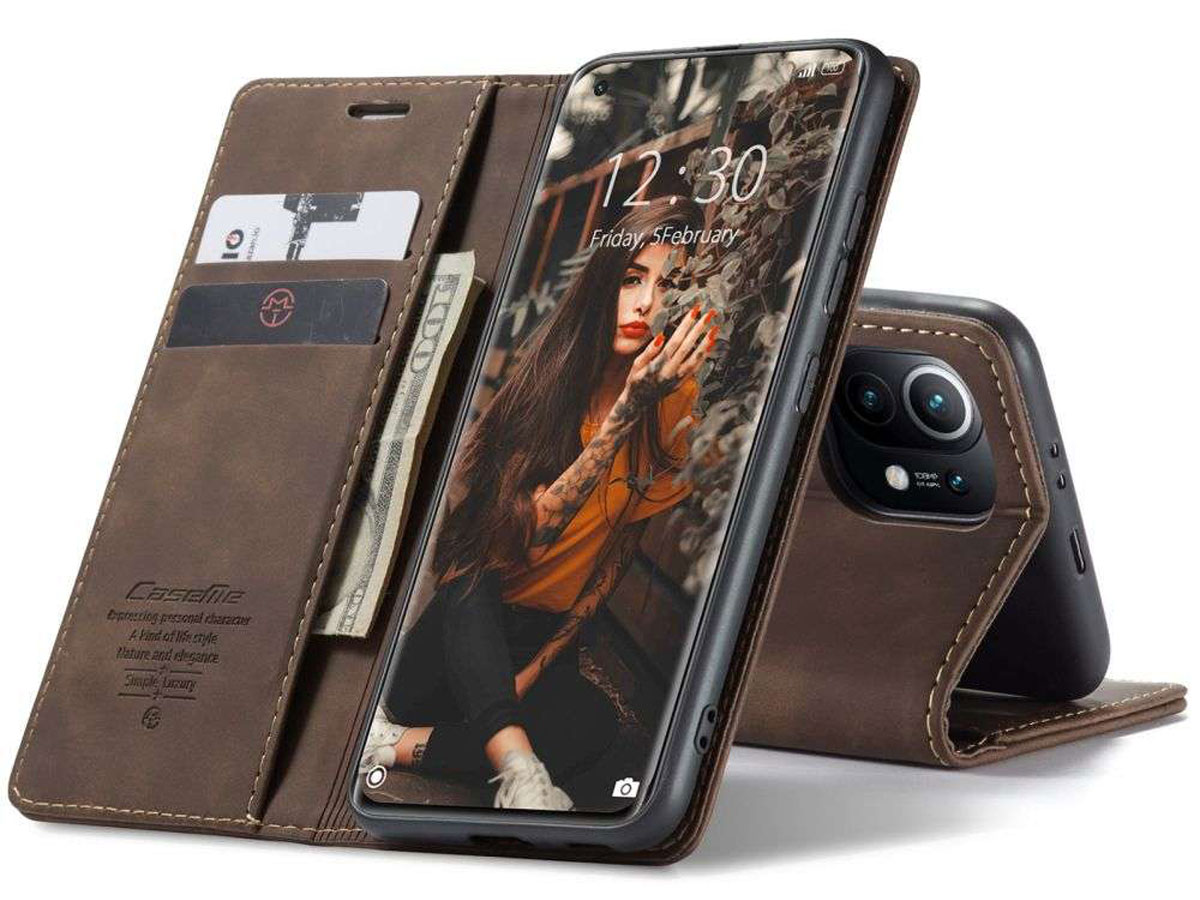 CaseMe Vintage BookCase Bruin - Xiaomi Mi 11 hoesje