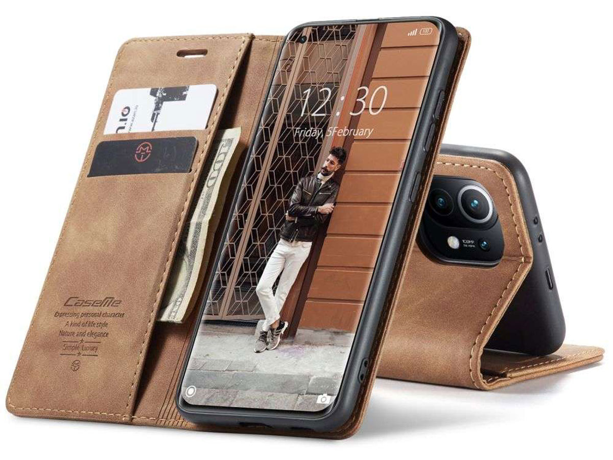 CaseMe Vintage BookCase Tan - Xiaomi Mi 11 hoesje