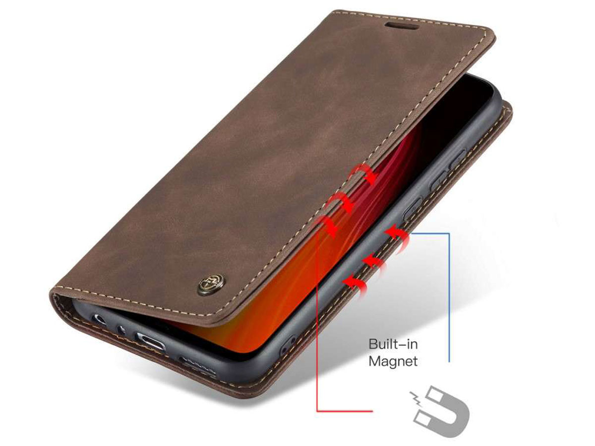 CaseMe Vintage BookCase Bruin - Xiaomi Redmi Note 8 hoesje