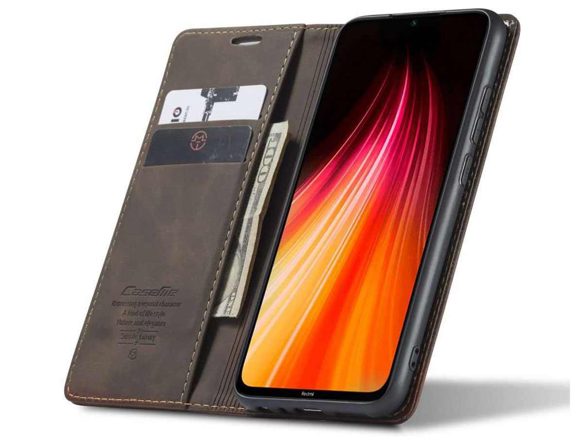 CaseMe Vintage BookCase Bruin - Xiaomi Redmi Note 8 hoesje