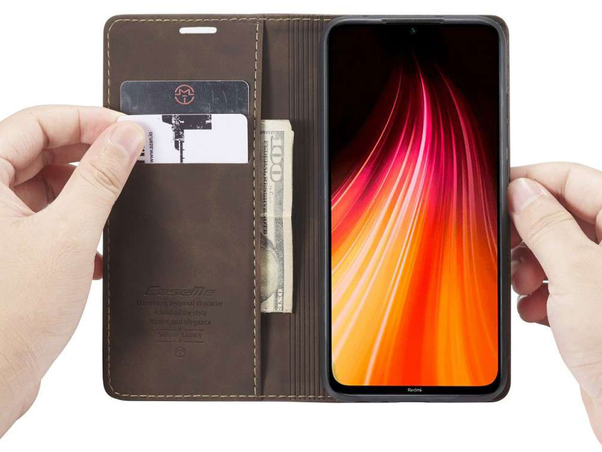 CaseMe Vintage BookCase Bruin - Xiaomi Redmi Note 8 hoesje