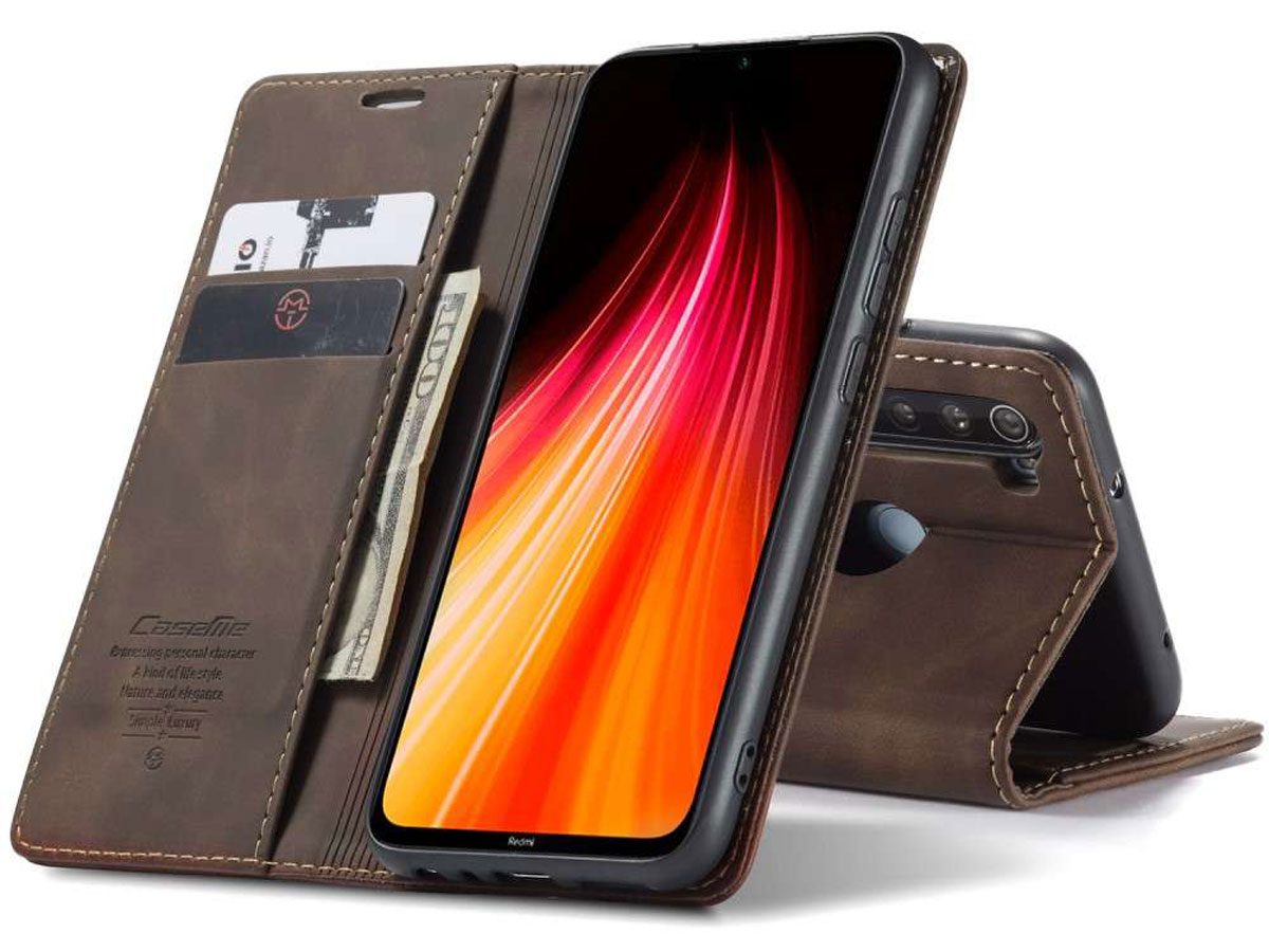 CaseMe Vintage BookCase Bruin - Xiaomi Redmi Note 8 hoesje