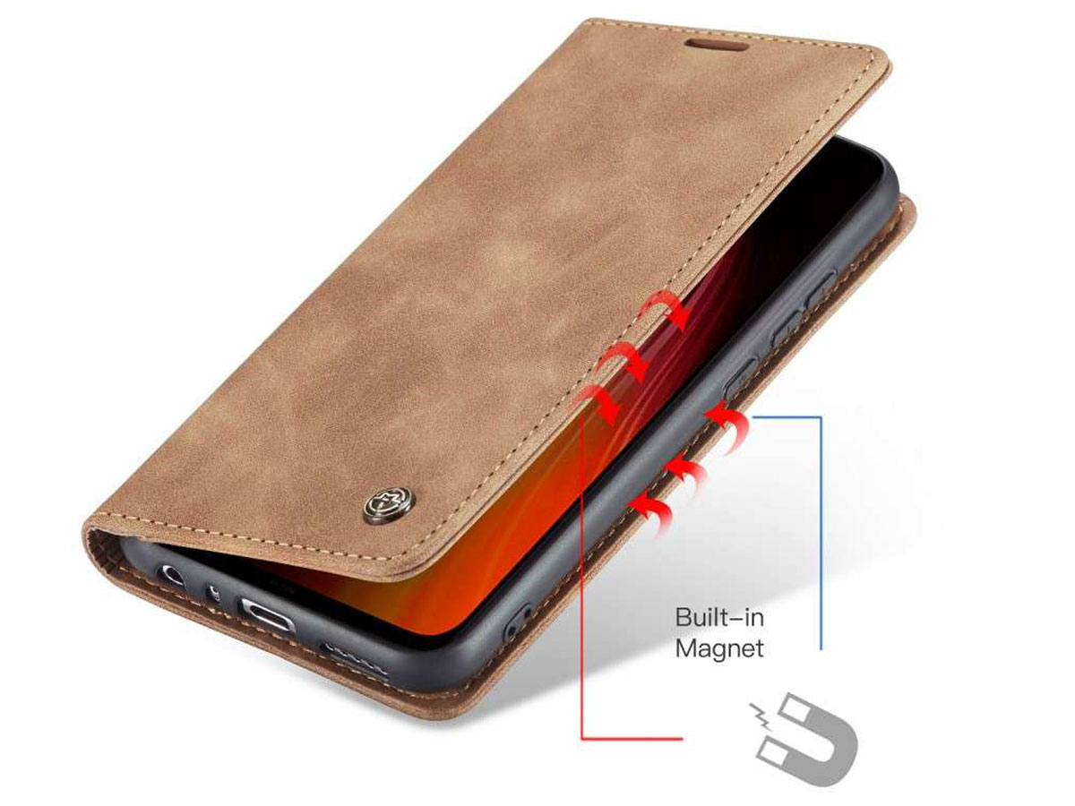 CaseMe Vintage BookCase Tan - Xiaomi Redmi Note 8 hoesje