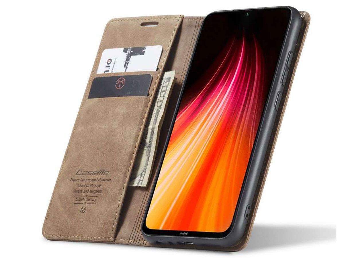 CaseMe Vintage BookCase Tan - Xiaomi Redmi Note 8 hoesje